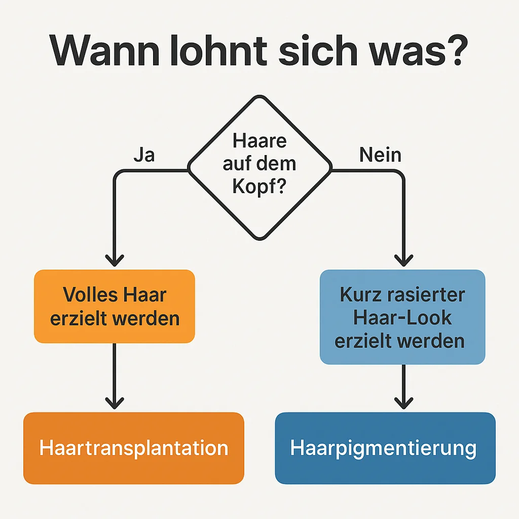 Deutschsprachiges Entscheidungsdiagramm mit dem Titel ‚Wann lohnt sich was?‘ – zeigt anhand einer Ja/Nein-Frage, ob Haarpigmentierung oder Haartransplantation sinnvoller ist. Orange markiert für Transplantation, Blau für SMP.